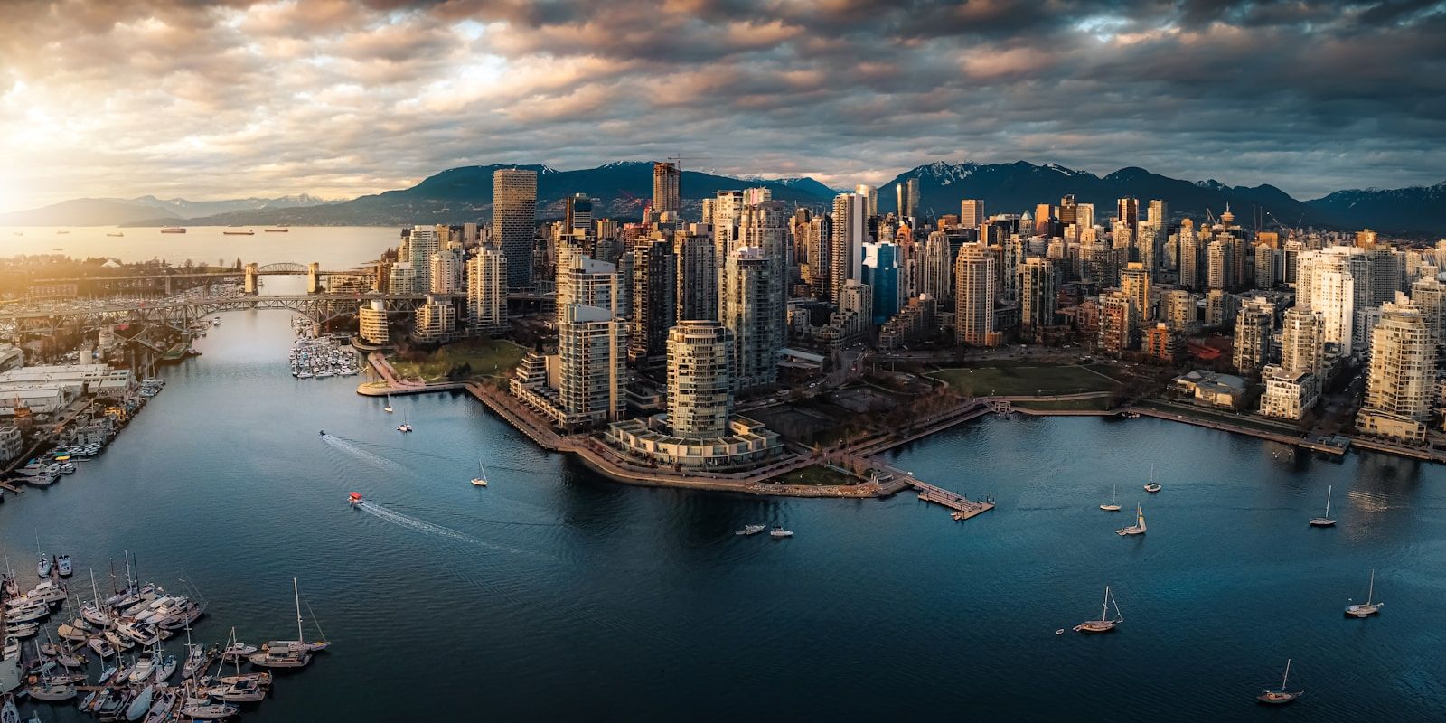Aerial view of a British Columbia harbour at golden hour